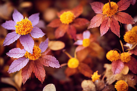 Beautiful autumn flowers composition background 3D render digital illustrationの素材