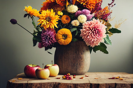 Autumn flowers bouquet in vase on wooden table background 3D render digital illustrationの素材