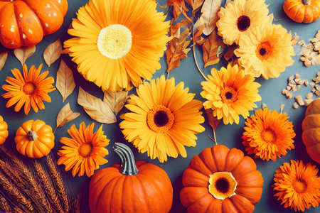Beautiful autumn flowers and pumpkin composition background 3D render digital illustrationの素材