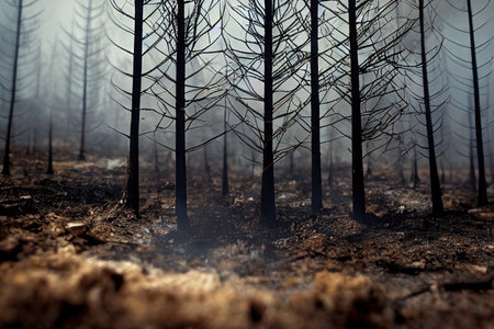 Glow of fire on forest outskirts view from charred tree trunk landscape. Burning fire flame and smoke, Bushfire against glowing sky backgroundの素材