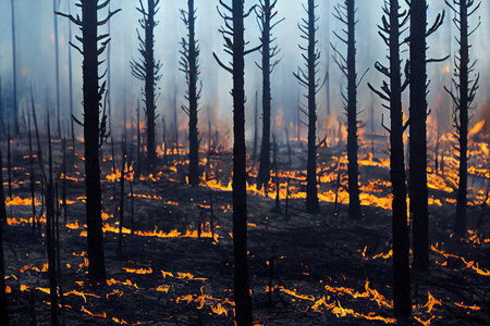 Area of illegal deforestation with fire, destroying natural environment caused by aggressive hazard human activity. Earth planet vegetation destruction by wildfireの素材