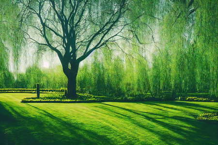 Green garden and flowering willowの素材