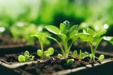A fresh sprouts in the soil in the sunlight macro shotの素材