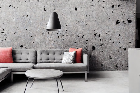 Loft interior with concrete walls and soft gray sofa, interior in minimalist styleの素材