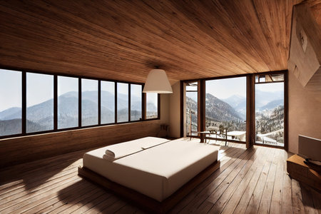 Cozy living room in country wooden house with mountain view, no peopleの素材