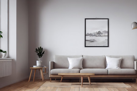 Sofa on background of empty wall in living room, no peopleの素材