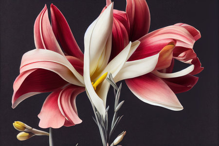Composition with beautiful blooming lily flowers. Blossom floral spring background, botanical natural pattern, blossoming branch for decorの素材