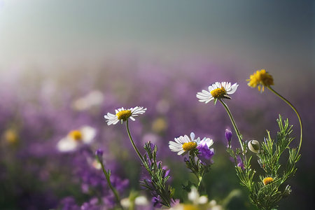 Beautiful flowers white daisies with lavender in summer clearing in forestの素材