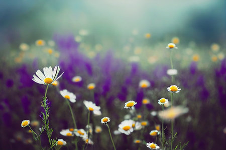 Beautiful chamomile and lavender flowers in misty morning forestの素材