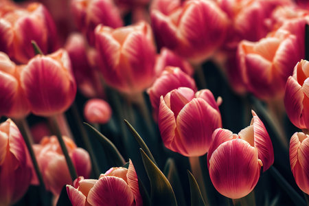 Field of beautiful pink and white tulip flowers in summerの素材