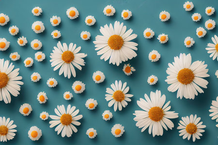 Many beautiful large and small chamomile flowers on green backgroundの素材