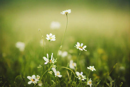 Field with beautiful flowers of white daisies on bright green background of grassの素材