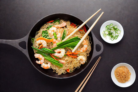 Thai noodles with vegetables on dark background, top viewの素材