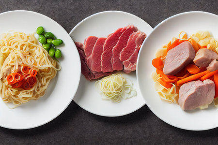 Various types of Asian noodles with additives, flat leiの素材