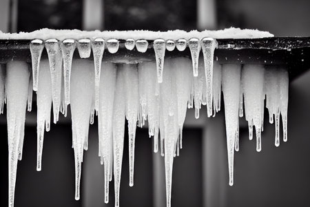 White long icicles on house on windowsill on black backgroundの素材