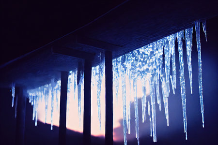 Large long glowing icicles on house on window in rays of sunsetの素材