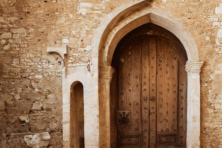 Oriental medieval door with beige arch in stone wallの素材