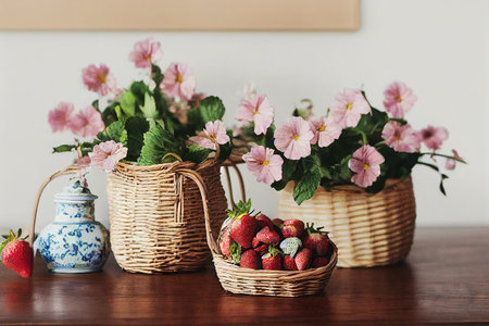 Summer flower bouquet in basket on wooden table with strawberriesの素材