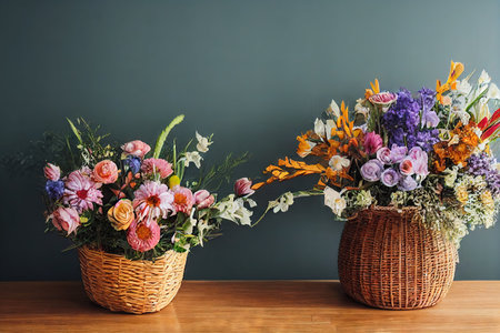 Summer flower bouquet in basket of us daisies on wooden floor on dark backgroundの素材