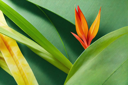 Summer flower bouquet with orange bud on green background with leavesの素材