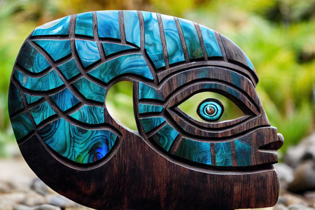 Dark wooden tiki mask in profile with blue ornament on blurred backgroundの素材