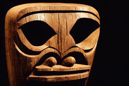 Tiki mask of cracked wood of rectangular shape with large eyes on dark backgroundの素材