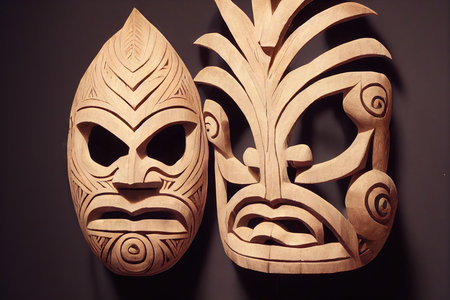 Wooden light patterned tiki masks on dark backgroundの素材