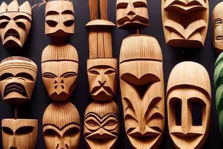Laughing and disgruntled angry tiki mask made of light wood on black backgroundの素材