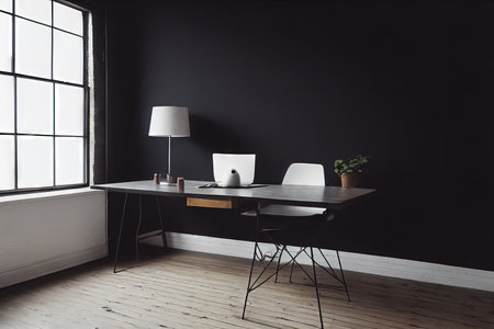Picture frame mockup in interior with dark grey walls and tableの素材