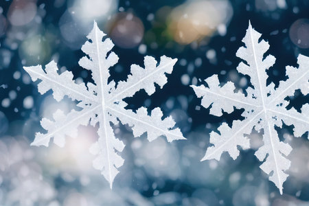 Romantic Christmas background with large white snowflakes in blue greenの素材