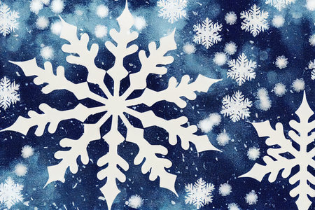 Large openwork snowflake on blurred Christmas background of blue hueの素材