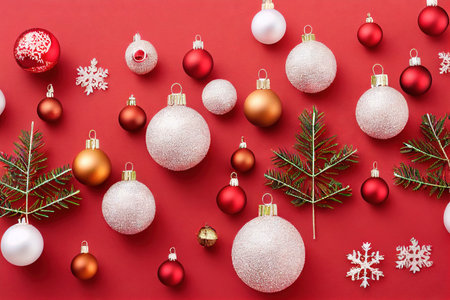 Christmas balls, twigs and decorations on red Christmas backgroundの素材