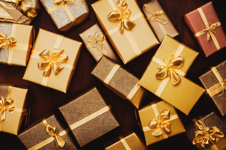 Magic Golden Christmas Gift Boxes Stack in Decemberの素材