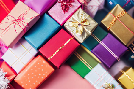 Sparkling bright Christmas gift boxes stack with bowsの素材