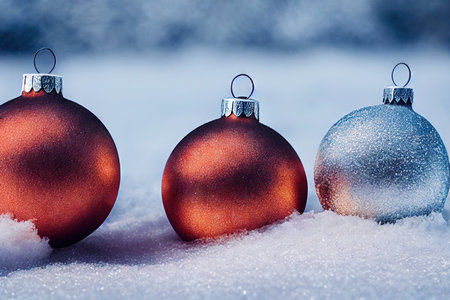 Three matte beautiful red and silver Christmas balls in snow on blurred backgroundの素材