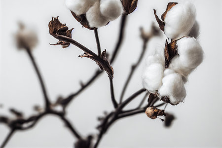 Dried twig with white cotton flowers on light gray backgroundの素材