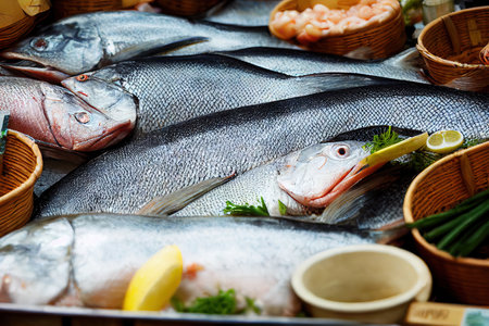 Shiny fresh fish delivered to fish marketの素材