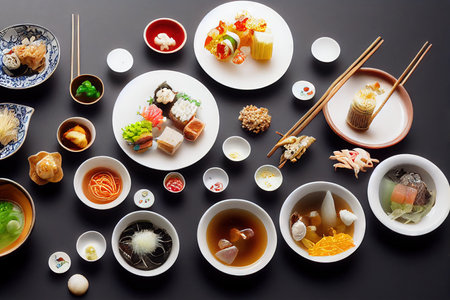 Sushi set spread out on plates with sauce and spice bowlsの素材