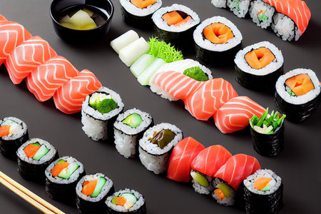 Variety of seafood, sashimi and sauce in sushi set on gray backgroundの素材