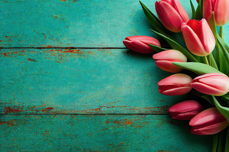 Tulip flower for beautiful decoration of congratulations on wooden backgroundの素材