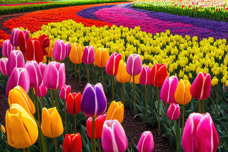 Tulip flower of original color growing in clearing or flower bedの素材