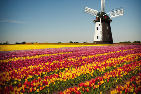 Lonely mill standing gray overgrown tulip flower fieldの素材