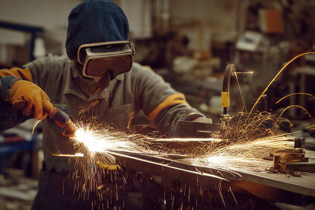 Welding process in production with worker in mask at machineの素材