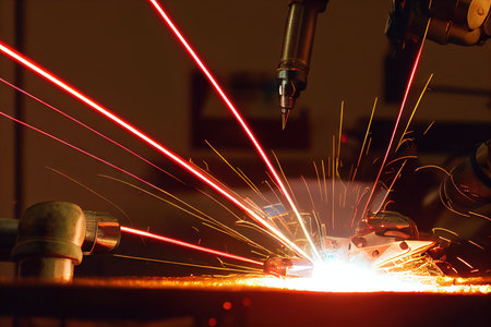 Semicircle of hot flying sparks from molten metal during welding processの素材