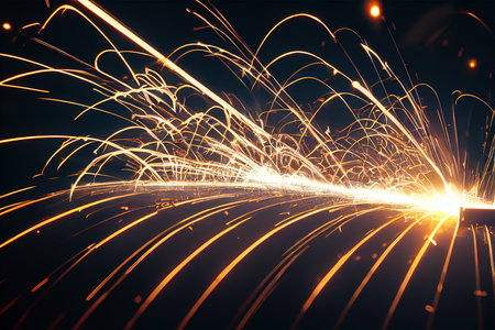Shimmering fiery spray from welding machine during welding processの素材
