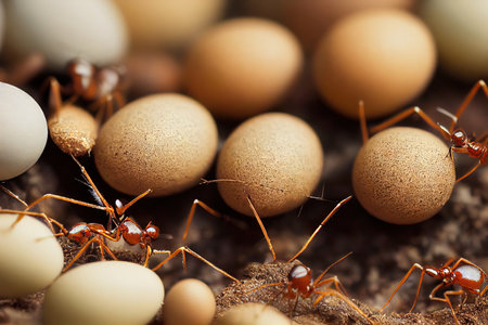 Red small ants lay eggs in their nestの素材