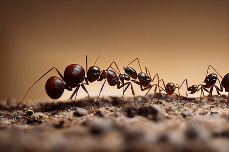 Team of brown ants crawling across sand one after anotherの素材