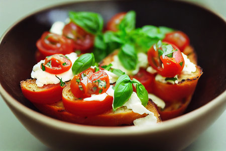 Bruschetta starters with dried tomatoes basil and mozzarella on trayの素材