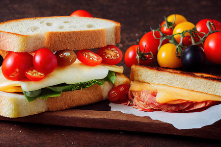 Bruschetta sandwich with tomatoes, cheese and garlic Italian cuisineの素材