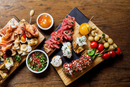 Assorted bruschetta meat basil tomatoes baguette on wooden tableの素材